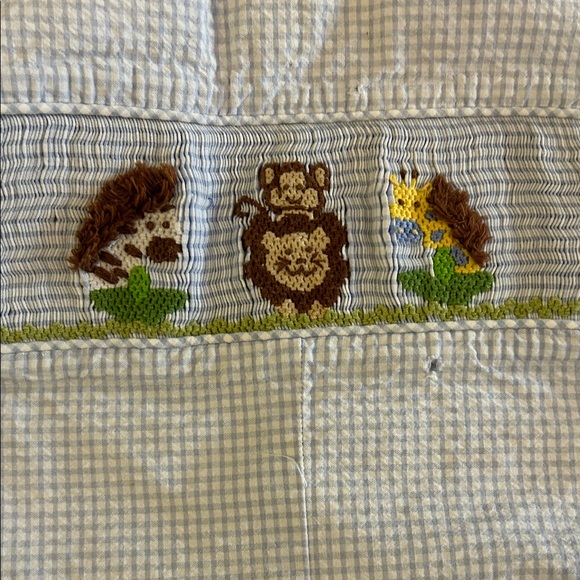 Blue Seersucker Gingham Kids Shortall with animal smocked design - Picture 3 of 6